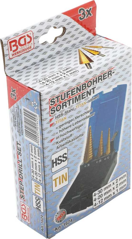 Grąžtas Bgs Technic Grąžtai skylės (pa)platinimui pakopiniai | Titano nitridas | Ø 4 - 30 mm | 3 vnt. (1624)