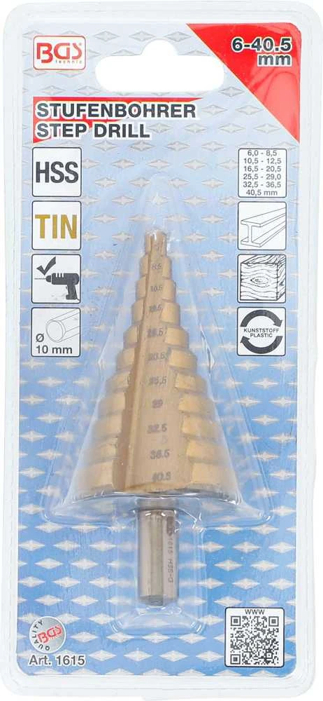 Bgs Technic Grąžtas skylės platinimui pakopinis | pusiniai numeriai | Titano nitrindas | Ø 6 - 40,5 mm (1615)
