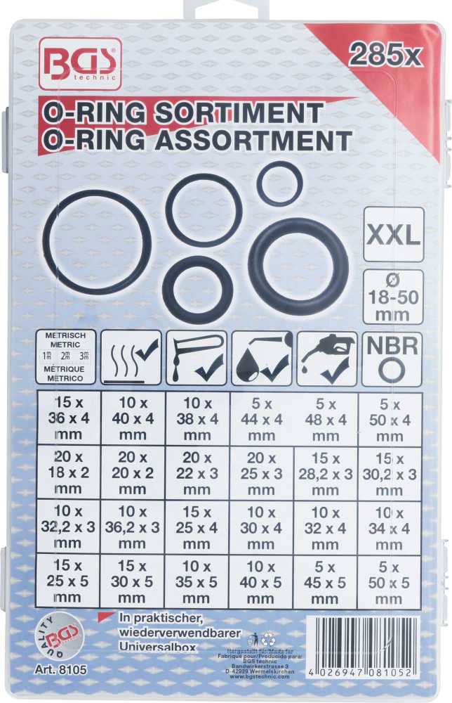Bgs Technic Guminių tarpinių (manžetų) asortimentas | NBR | XXL | Ø 18 - 50 mm | 285 vnt. (8105)