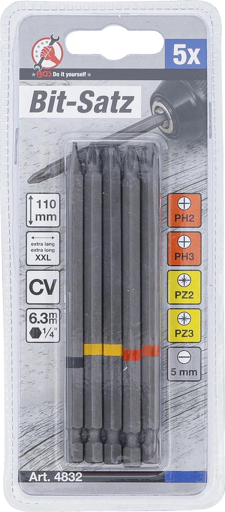 Bgs Technic Ilgų sukimo antgalių rinkinys | PH / PZ / SL profiliai | 1/4" | 110 mm | 5 vnt. (4832)