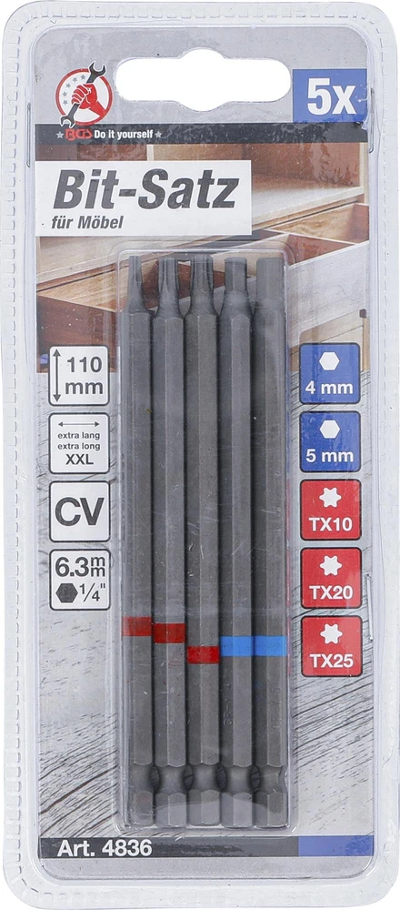 Bgs Technic Ilgų sukimo antgalių rinkinys | šešiabriauniai ir T profilio | 1/4" | 110 mm | 5 vnt. (4836)