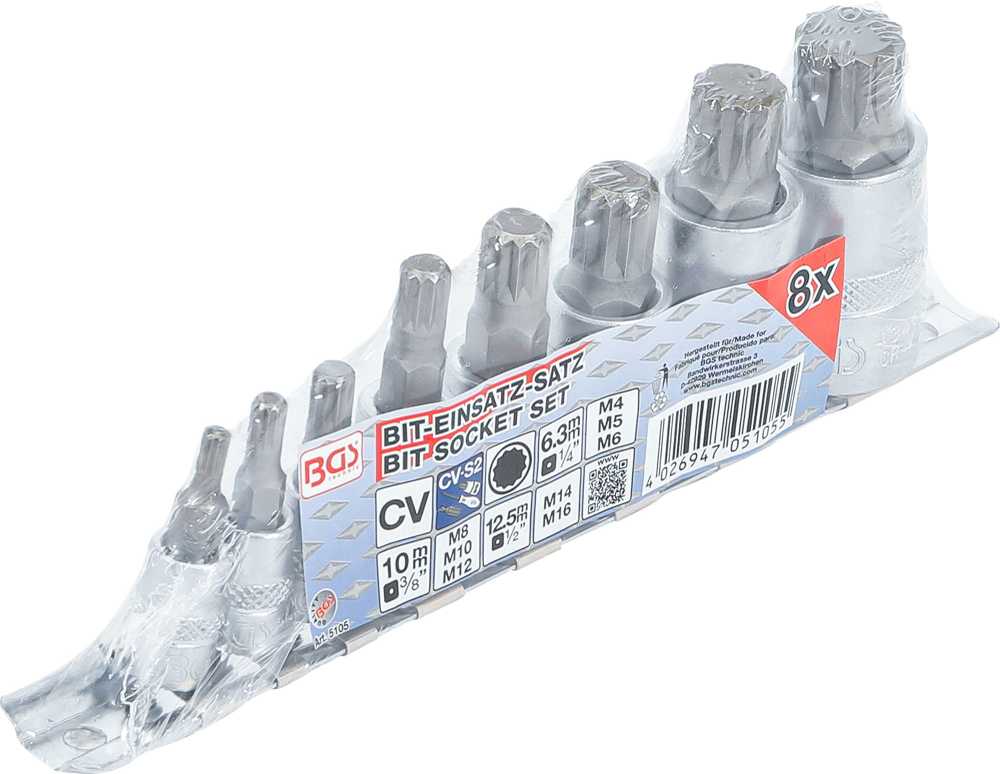 Bgs Technic Įpresuotų antgalių rinkinys | 6.3 mm (1/4") / 10 mm (3/8") / 12.5 mm (1/2") | Spline (XZN) | 8 vnt. (5105)