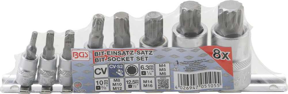 Bgs Technic Įpresuotų antgalių rinkinys | 6.3 mm (1/4") / 10 mm (3/8") / 12.5 mm (1/2") | Spline (XZN) | 8 vnt. (5105)