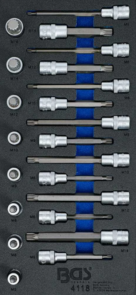 Bgs Technic Įrankių dėklas 1/3: Įpresuotų antgalių rinkinys | 12.5 mm (1/2") | Spline (XZN) | 22 vnt. (4118)