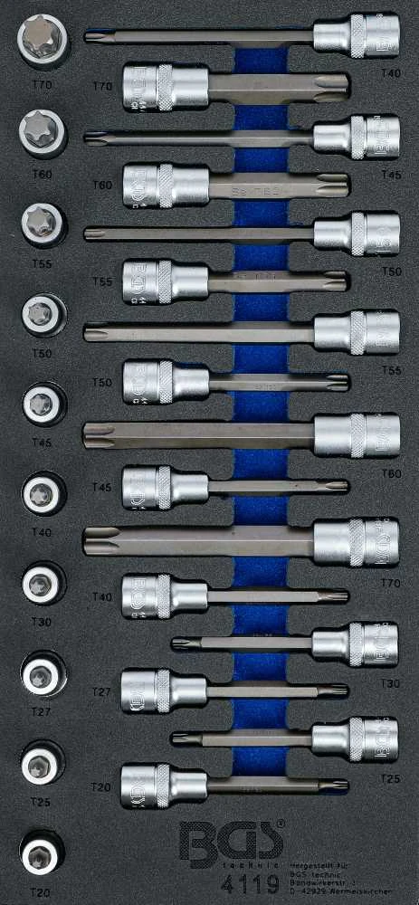 Bgs Technic Įrankių dėklas 1/3: Įpresuotų antgalių rinkinys | 12,5 mm (1/2") | T-star (Torx) | 26 vnt. (4119)