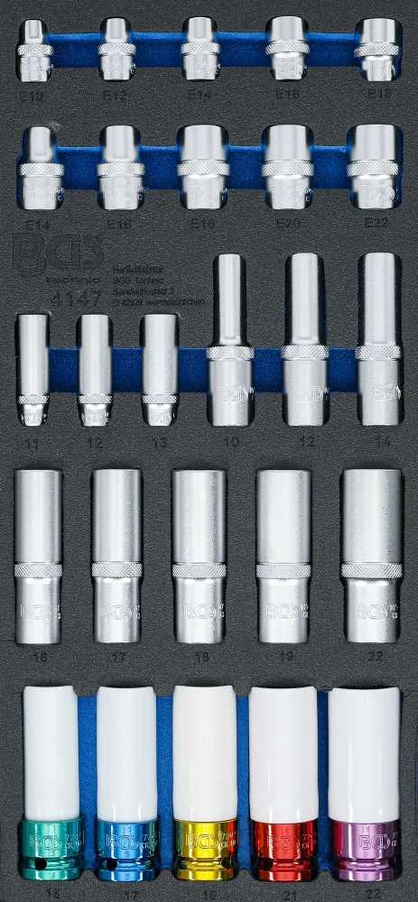 Bgs Technic Įrankių dėklas 1/3:galvutės | Šešiakampis, gylis 11 - 22 mm | E tipo E10 - E22 | 6,3 mm (1/4"), 10 mm (3/8"), 12,5 mm (1/2") | 26 vnt. (4147)