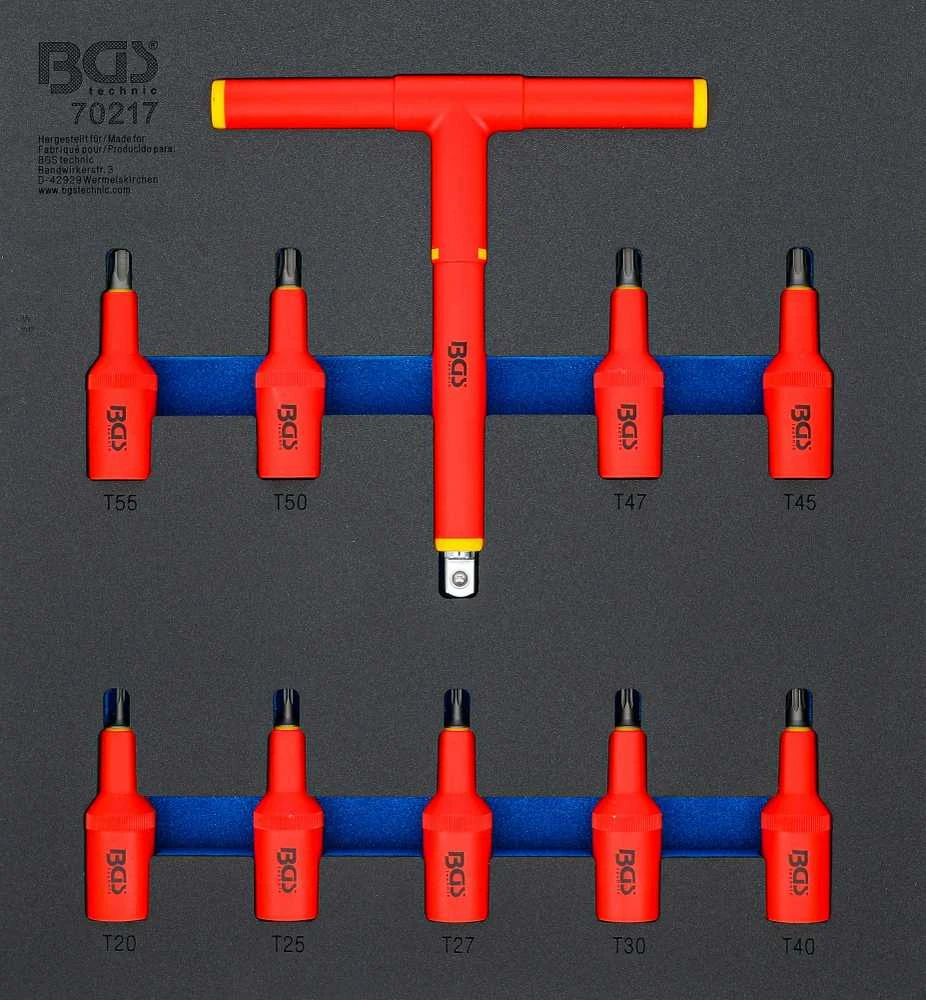 Bgs Technic Įrankių dėklas 2/3: VDE įpresuotų antgalių rinkinys | 12,5 mm (1/2") | T-Star (Torx) T20 - T55 | 10 vnt. (70217)