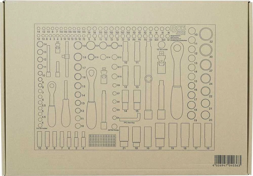 Bgs Technic Galvučių rinkinys dėkle | 1/4" / 3/8" / 1/2" | 90 dantų terkšlės | 192 vnt. (4036)
