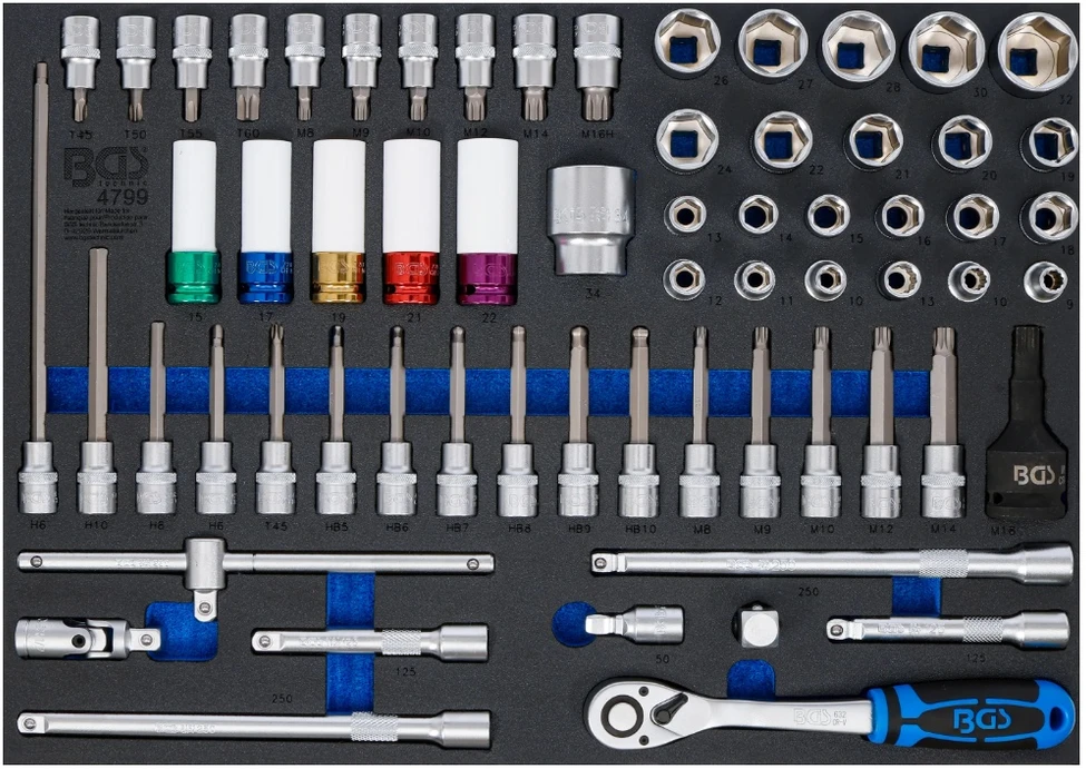 Bgs Technic Galvučių ir antgalių rinkinys įrankių vežimėliui | 1/2″ ir 3/4″ | 64 vnt. (4799)