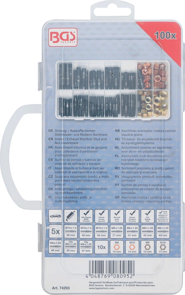 Bgs Technic Įsiurbimo ir išmetimo kolektoriaus smeigių ir veržlių rinkinys | M8 / M10 | 100 vnt. | BGS (74293)