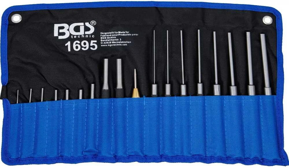 Bgs Technic Išmušėjų rinkinys – ekstra ilgi, grūdinti – 100/150/200 mm, 1,5–9,5 mm, su centruokliu – 18 vnt (1695)