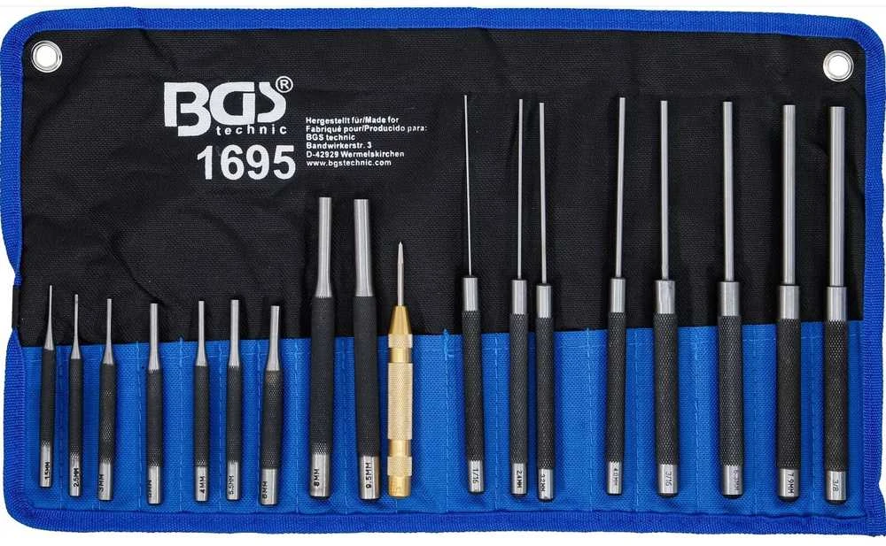 Bgs Technic Išmušėjų rinkinys – ekstra ilgi, grūdinti – 100/150/200 mm, 1,5–9,5 mm, su centruokliu – 18 vnt (1695)