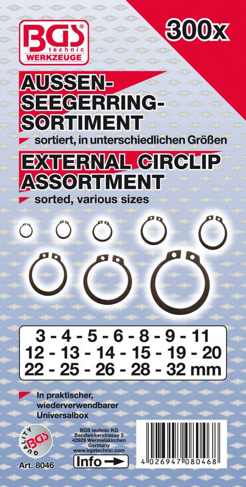 Bgs Technic Išorinių fiksavimo žiedų asortimentas | Ø 3 - 32 mm | 300 vnt. (8046)