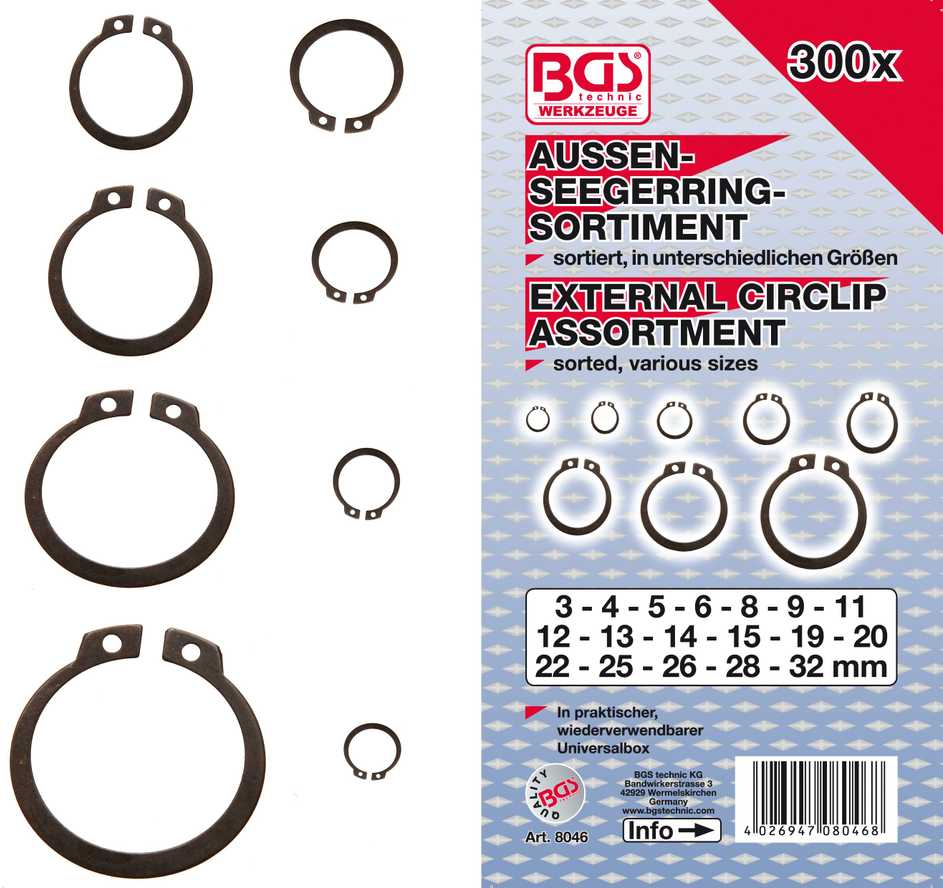 Bgs Technic Išorinių fiksavimo žiedų asortimentas | Ø 3 - 32 mm | 300 vnt. (8046)