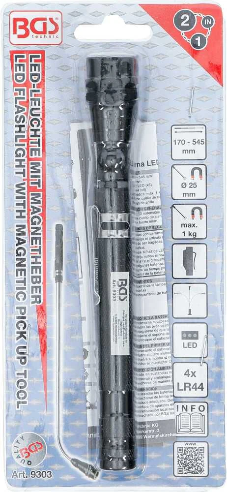 Bgs Technic Ištraukiamas LED žibintuvėlis su magnetu | "2-IN-1" (9303)