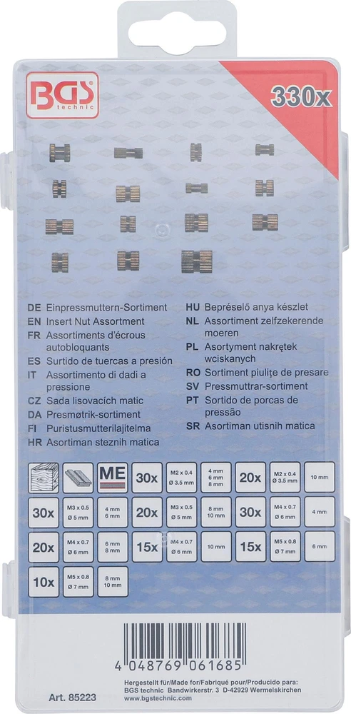 Bgs Technic Įsukamų įdėklų / veržlių asortimentas | Žalvaris | 330 vnt. (85223)