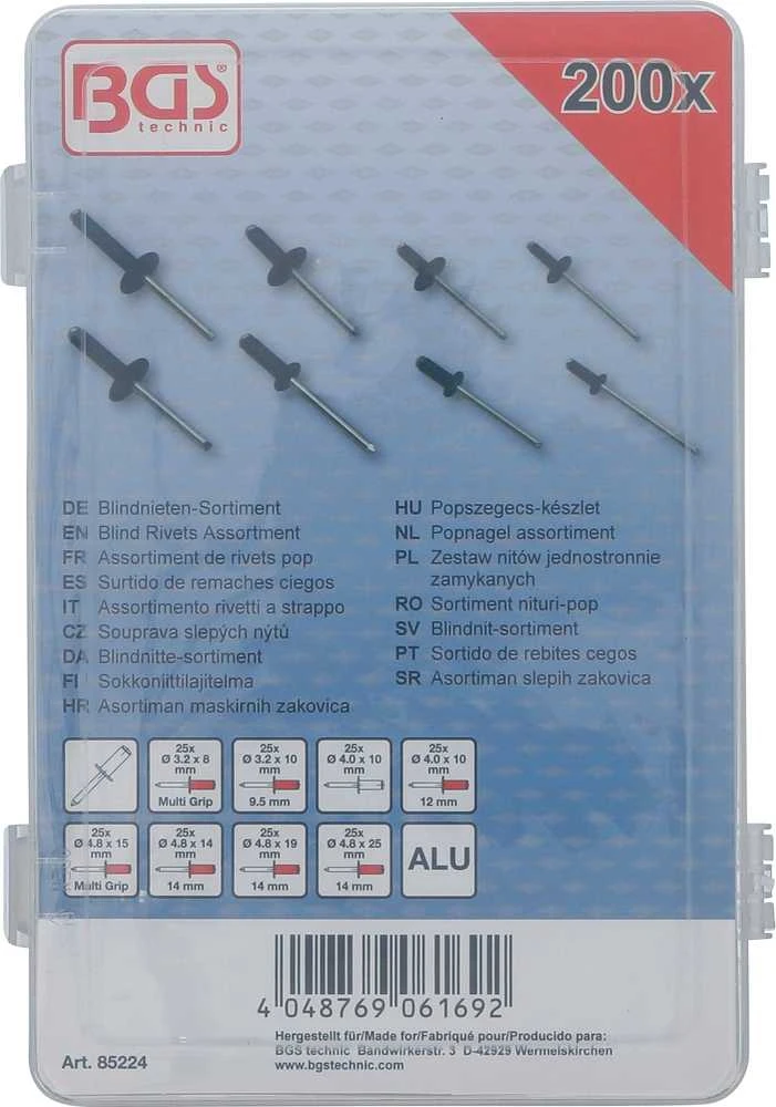 Bgs Technic Kniedžių asortimentas | juodos | Aliuminis | Ø 3.2 - 4.8 mm | 200 vnt. (85224)