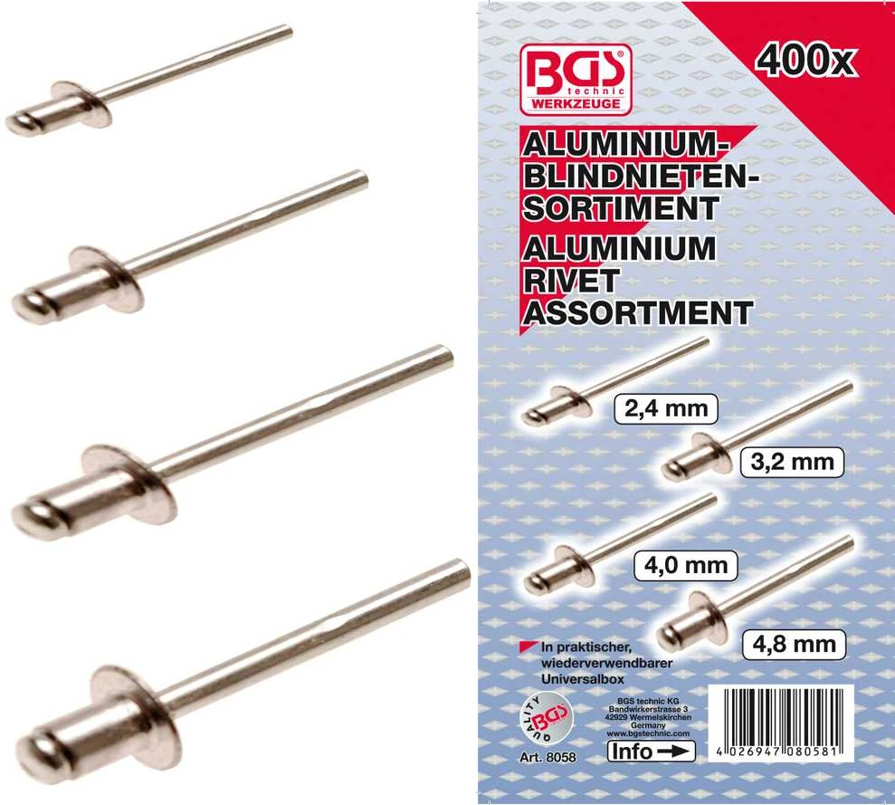 Bgs Technic Kniedžių rinkinys dėžutėje | aliuminis | Ø 2,4 - 4,8 mm | 400 vnt. (8058)