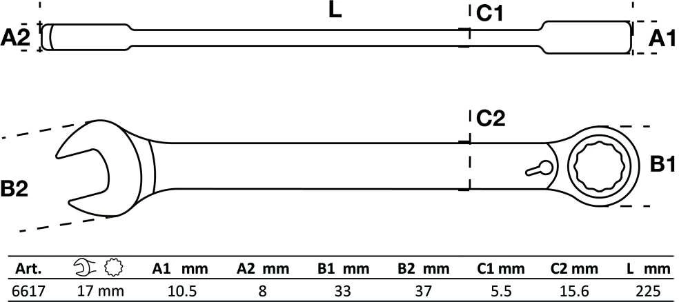 Bgs Technic Kombinuotas raktas su terkšle | su reversu | 17 mm (6617)