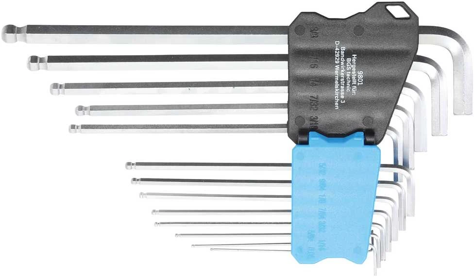 Bgs Technic L tipo raktų rinkinys | coliniai dydžiai | hex šešiakampis / hex šešiakampis su šarnyru | 0.05" - 3/8" | 13 vnt. (9801)