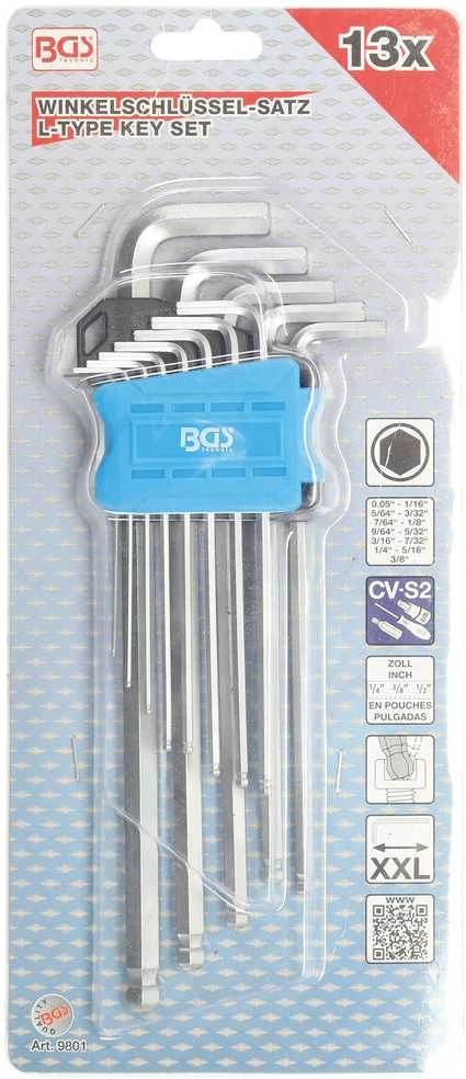 Bgs Technic L tipo raktų rinkinys | coliniai dydžiai | hex šešiakampis / hex šešiakampis su šarnyru | 0.05" - 3/8" | 13 vnt. (9801)