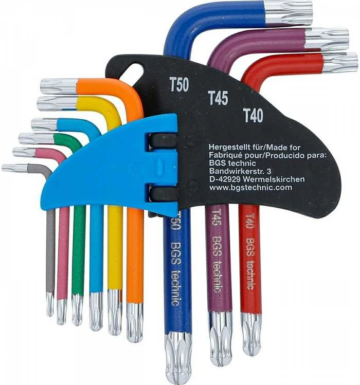 Bgs Technic L tipo raktų rinkinys | daugiaspalviai šarnyriniai su skyle | T-Star (Torx) T10 - T50 | 9 vnt. (74463B)