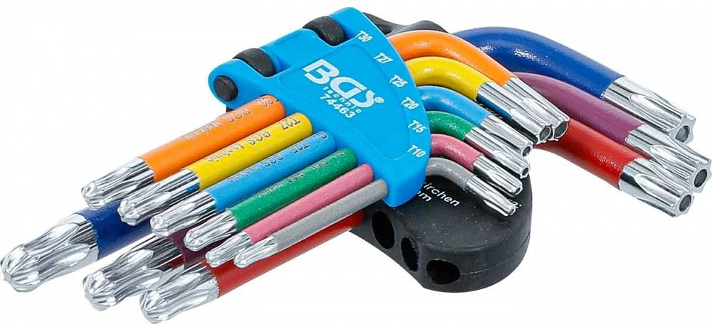 Bgs Technic L tipo raktų rinkinys | daugiaspalviai šarnyriniai su skyle | T-Star (Torx) T10 - T50 | 9 vnt. (74463B)