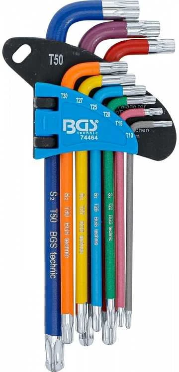 Bgs Technic L tipo raktų rinkinys | daugiaspalviai šarnyriniai su skyle ilgi | T-Star (Torx) T10 - T50 | 9 vnt. (74464B)