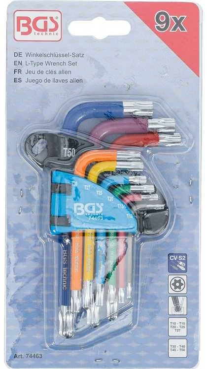 Bgs Technic L tipo raktų rinkinys | daugiaspalviai šarnyriniai su skyle | T-Star (Torx) T10 - T50 | 9 vnt. (74463B)