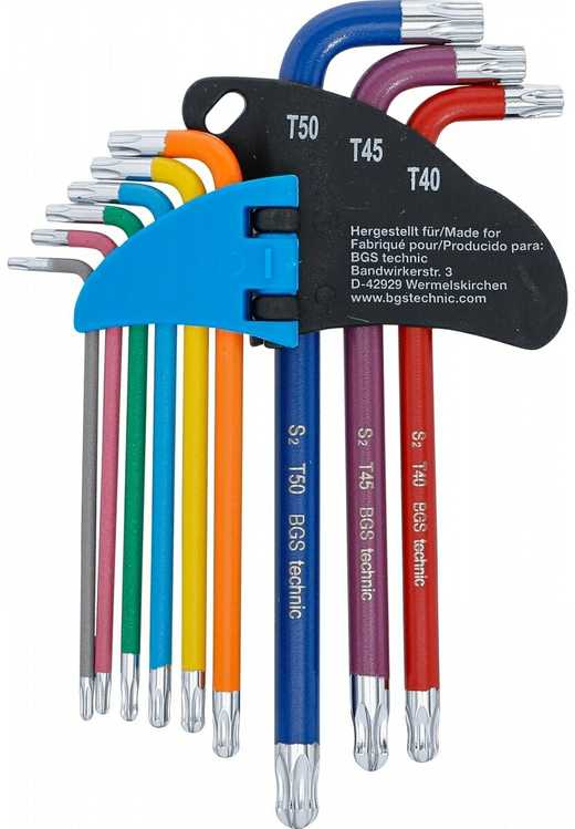 Bgs Technic L tipo raktų rinkinys | daugiaspalviai šarnyriniai ilgi | T-Star (Torx) T10 - T50 | 9 vnt. (74467)