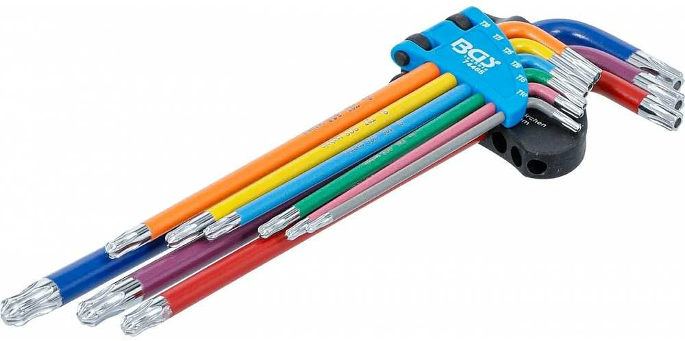Bgs Technic L tipo raktų rinkinys | daugiaspalviai šarnyriniai su skyle labai ilgi | T-Star (Torx) T10 - T50 | 9 vnt. (74465)