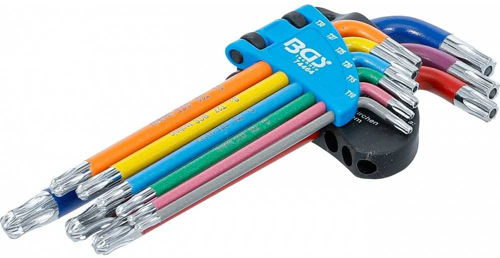 Bgs Technic L tipo raktų rinkinys | daugiaspalviai šarnyriniai su skyle ilgi | T-Star (Torx) T10 - T50 | 9 vnt. (74464B)