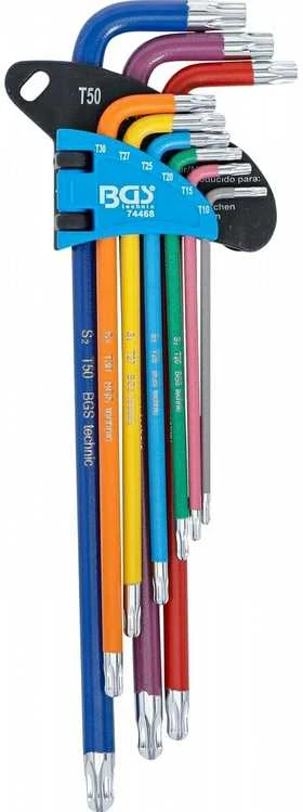 Bgs Technic L tipo raktų rinkinys | daugiaspalviai šarnyriniai labai ilgi | T-Star (Torx) T10 - T50 | 9 vnt. (74468B)