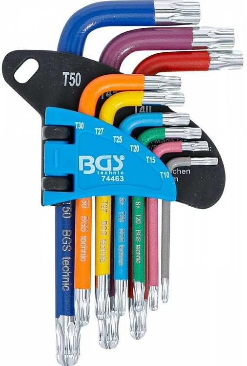 Bgs Technic L tipo raktų rinkinys | daugiaspalviai šarnyriniai su skyle | T-Star (Torx) T10 - T50 | 9 vnt. (74463B)