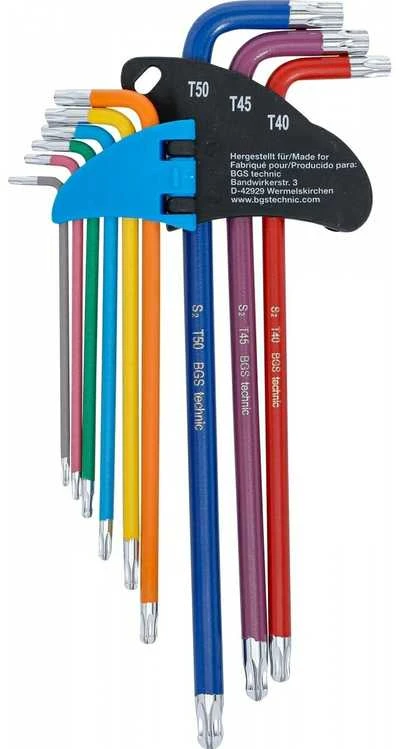 Bgs Technic L tipo raktų rinkinys | daugiaspalviai šarnyriniai labai ilgi | T-Star (Torx) T10 - T50 | 9 vnt. (74468B)