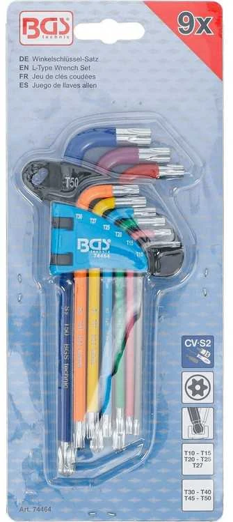 Bgs Technic L tipo raktų rinkinys | daugiaspalviai šarnyriniai su skyle ilgi | T-Star (Torx) T10 - T50 | 9 vnt. (74464B)