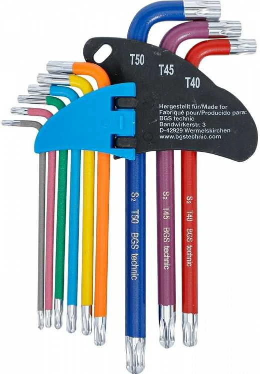 Bgs Technic L tipo raktų rinkinys | daugiaspalviai šarnyriniai su skyle ilgi | T-Star (Torx) T10 - T50 | 9 vnt. (74464B)