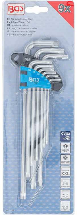 Bgs Technic L tipo raktų rinkinys | ilgiausias tipas | 5-kampiai | T-Star (Torx Plus) TS10 - TS50 | 9 vnt. (777)