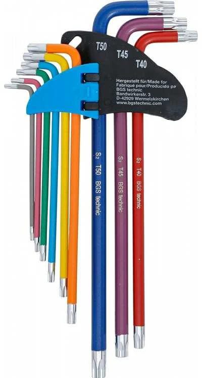 Bgs Technic L tipo raktų rinkinys | spalvoti | labai ilgi | T-Star su skylutėm (Torx) T10 - T50 | 9 vnt. (74462B)