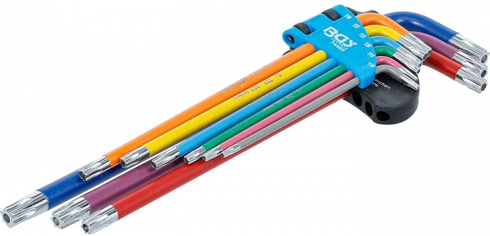 Bgs Technic L tipo raktų rinkinys | spalvoti | labai ilgi | T-Star su skylutėm (Torx) T10 - T50 | 9 vnt. (74462B)