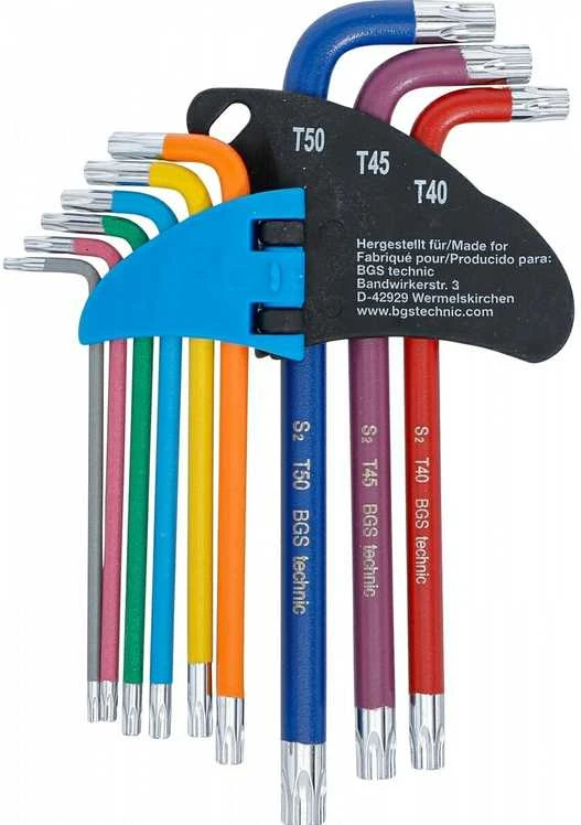 Bgs Technic L tipo raktų rinkinys | spalvoti | T-Star su skylutėm (Torx) T10 - T50 | 9 vnt. (74461B)