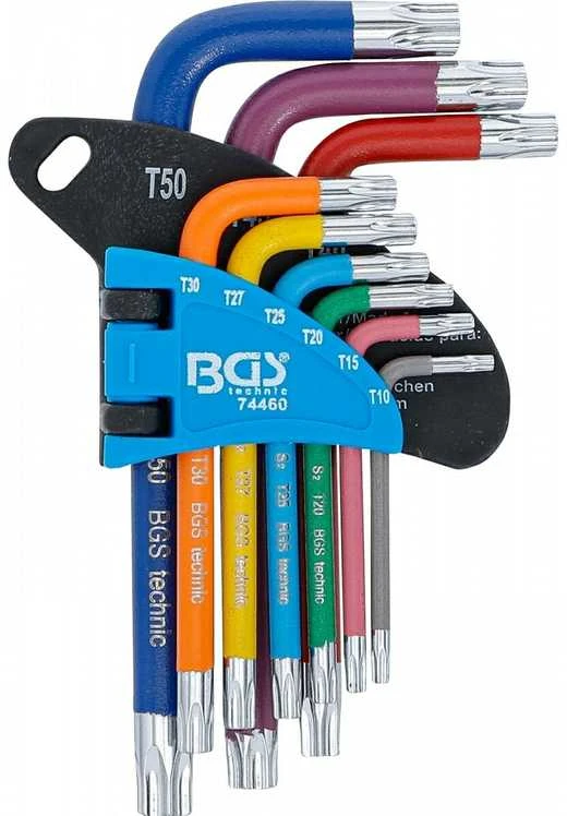 Bgs Technic L tipo raktų rinkinys | spalvoti | trumpi | T-Star su skylutėm (Torx) T10 - T50 | 9 vnt. (74460B)