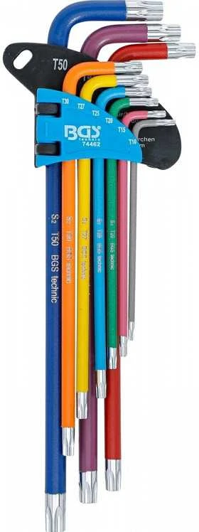 Bgs Technic L tipo raktų rinkinys | spalvoti | labai ilgi | T-Star su skylutėm (Torx) T10 - T50 | 9 vnt. (74462B)
