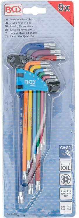 Bgs Technic L tipo raktų rinkinys | spalvoti | labai ilgi | T-Star su skylutėm (Torx) T10 - T50 | 9 vnt. (74462B)