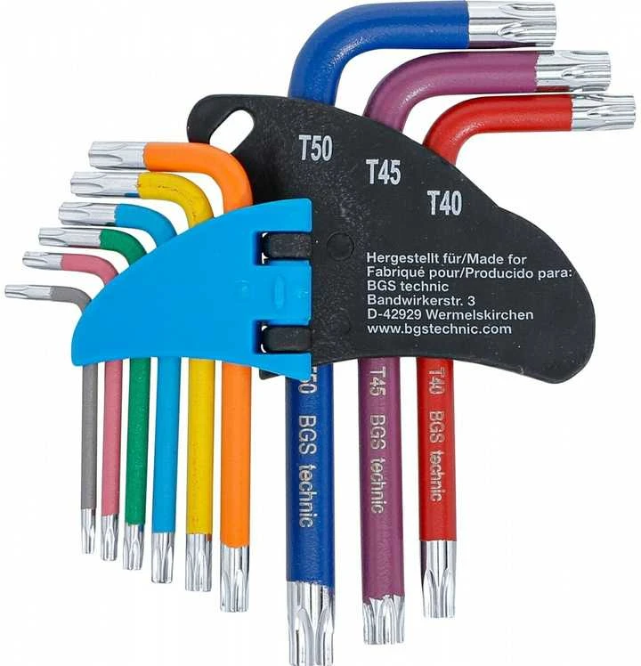 Bgs Technic L tipo raktų rinkinys | spalvoti | trumpi | T-Star su skylutėm (Torx) T10 - T50 | 9 vnt. (74460B)