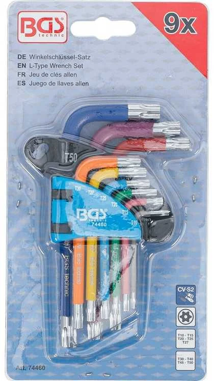 Bgs Technic L tipo raktų rinkinys | spalvoti | trumpi | T-Star su skylutėm (Torx) T10 - T50 | 9 vnt. (74460B)