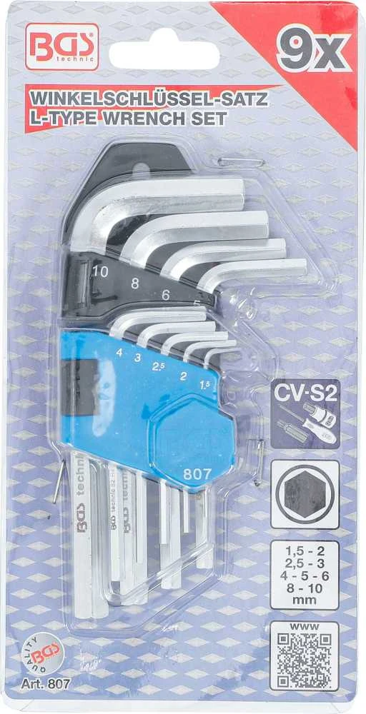 Bgs Technic L tipo raktų rinkinys | trumpi | hex šešiakampis 1,5 - 10 mm | 9 vnt. (807)
