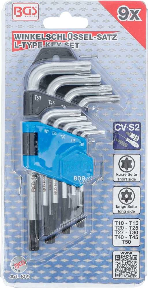 Bgs Technic L tipo raktų rinkinys | trumpi | T-Star su skylutėm (Torx) T10 - T50 | 9 vnt. (809)