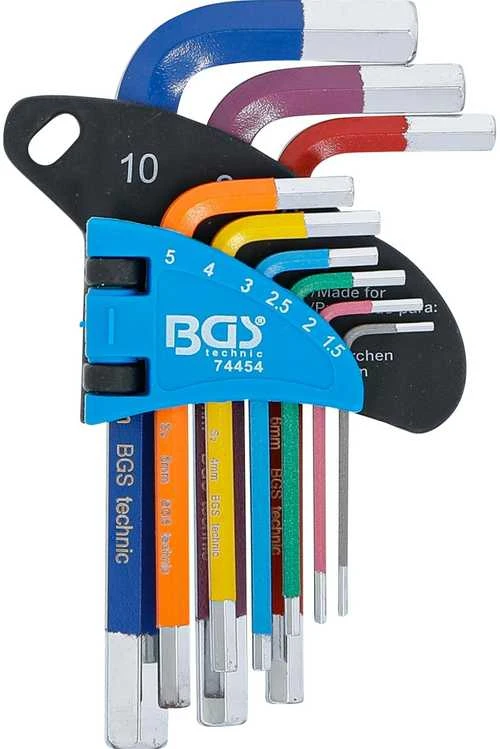 Bgs Technic L tipo veržliarakčių rinkinys | daugiaspalviai | trumpi | vidinis šešiakampis 1,5 - 10 mm | 9 vnt. (74454B)