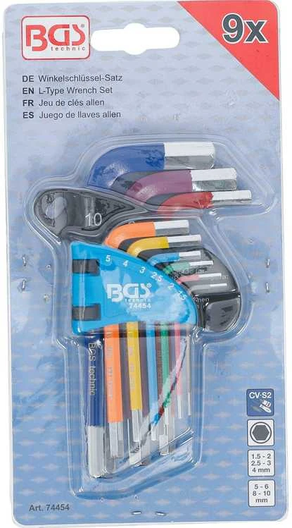 Bgs Technic L tipo veržliarakčių rinkinys | daugiaspalviai | trumpi | vidinis šešiakampis 1,5 - 10 mm | 9 vnt. (74454B)